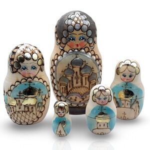 Russian Nesting Dolls 5pc Sergiyev Posad Wood Burned Gold Leaf Matryoshka VTG